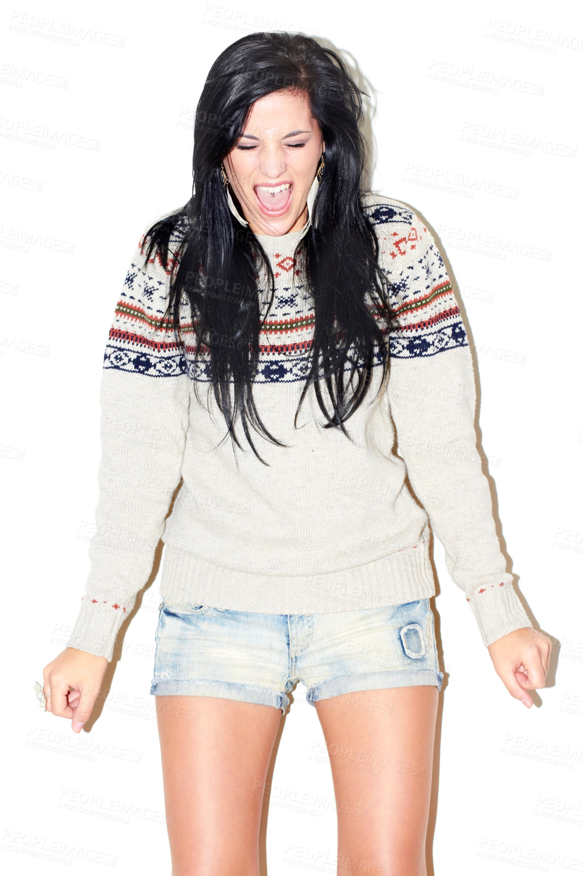 Buy stock photo Anger, screaming and woman on a white background with crisis, mistake and mental health in studio. Anxiety, fashion and isolated model person shout in trendy clothes, casual outfit and style