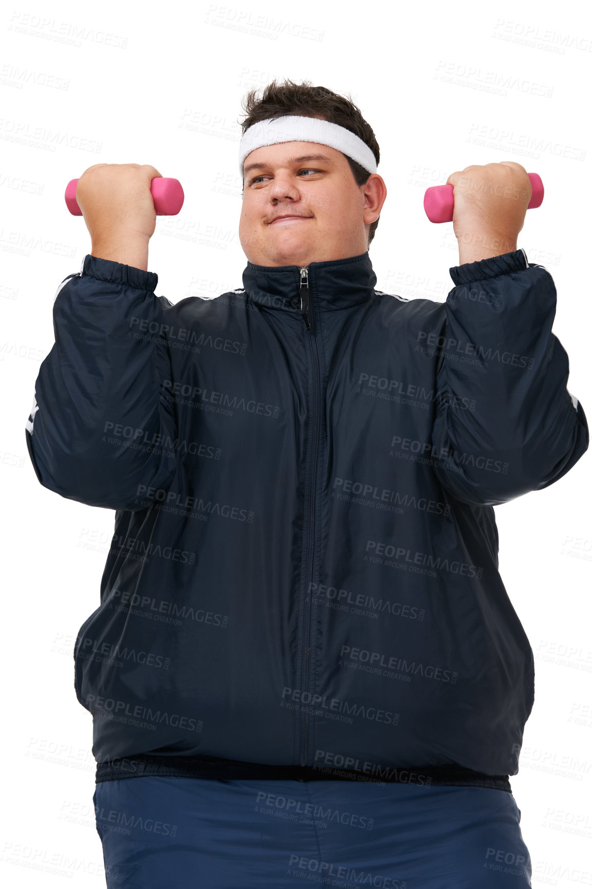 Buy stock photo Plus size, weight training and fitness of man in a studio with exercise and training for diet goals. White background, smile and male model with healthy and wellness goals for overweight problem