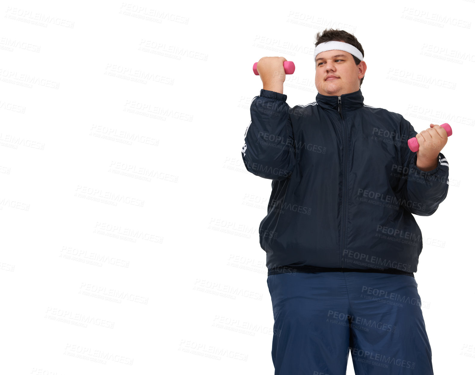 Buy stock photo Plus size, weight training and mockup of man in a studio with exercise and training for diet goals. White background, smile and male model with healthy and wellness goals for overweight problem