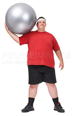 Buy stock photo Portrait, obesity and man with exercise ball, weight loss and guy isolated against a white studio background. Face, male person and model training, overweight and obesity with fitness and wellness