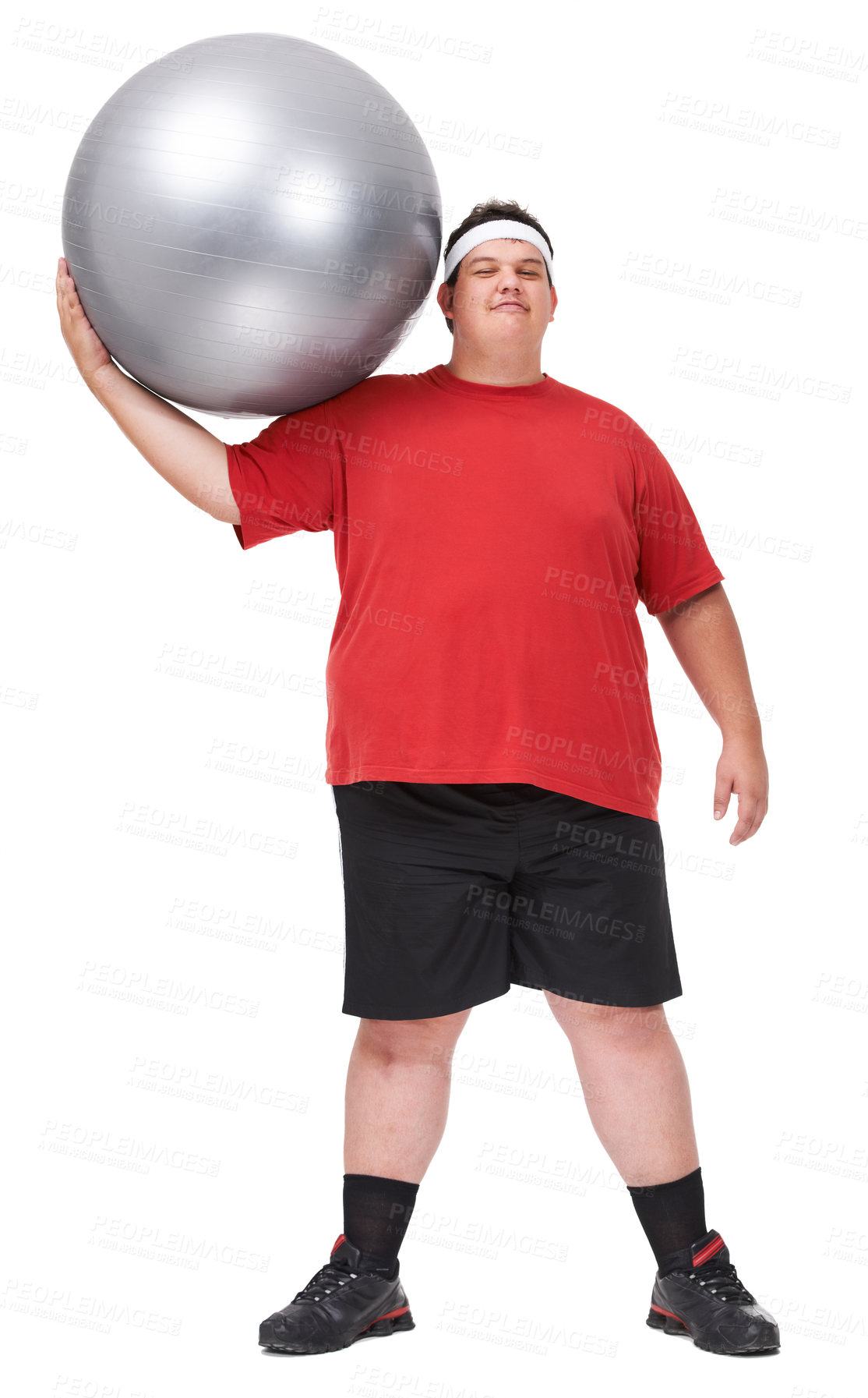 Buy stock photo Portrait, obesity and man with exercise ball, weight loss and guy isolated against a white studio background. Face, male person and model training, overweight and obesity with fitness and wellness