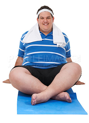 Buy stock photo Fitness, plus size and portrait of a man doing a exercise in a studio for weight loss, health or wellness. Sports, training and happy male person ready for workout isolated by a white background.
