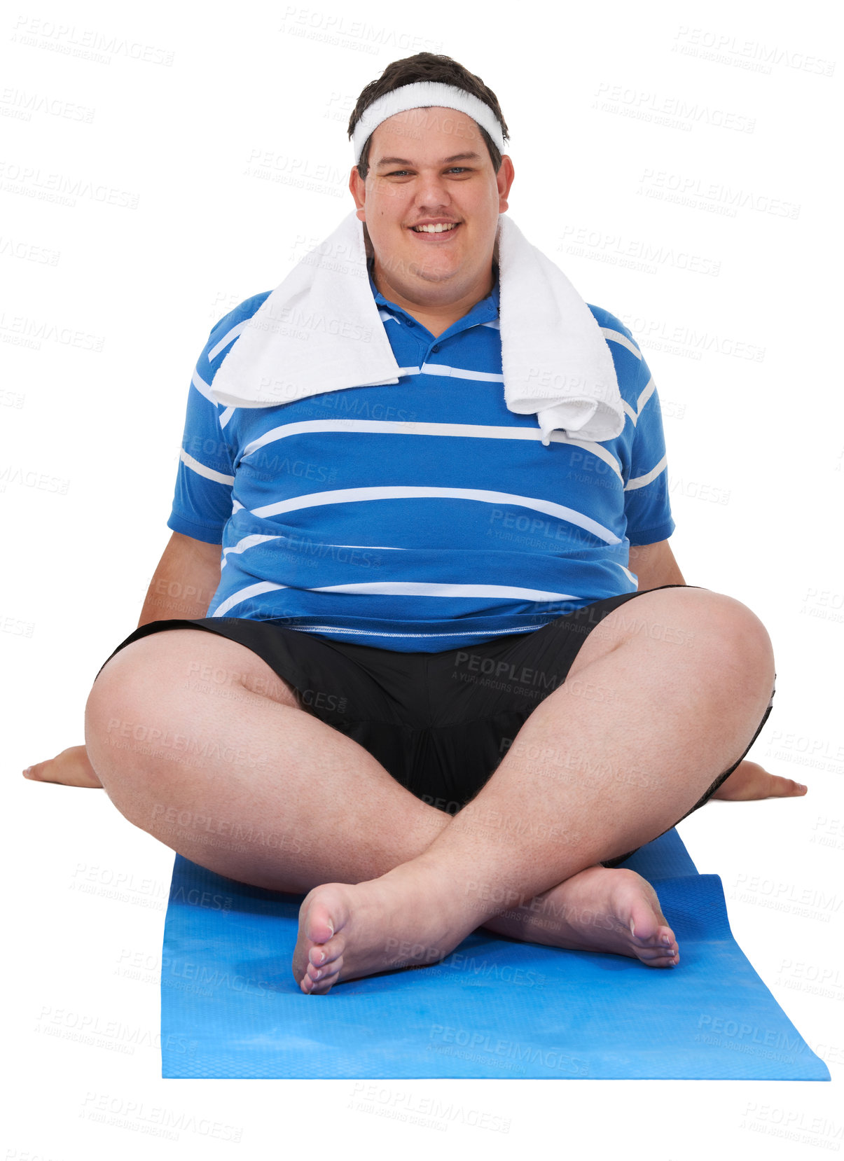 Buy stock photo Fitness, plus size and portrait of a man doing a exercise in a studio for weight loss, health or wellness. Sports, training and happy male person ready for workout isolated by a white background.