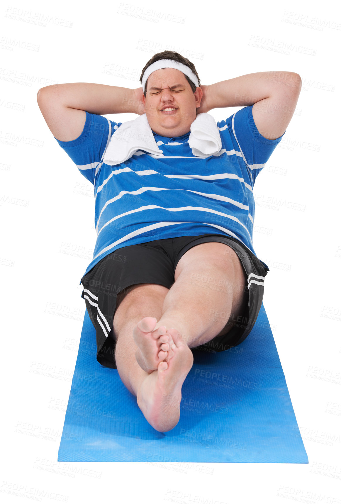 Buy stock photo Fitness, overweight and man doing a exercise in a studio for weight loss, health or wellness. Sports, obesity and fat male person doing a sit up body workout on yoga mat by isolated white background.