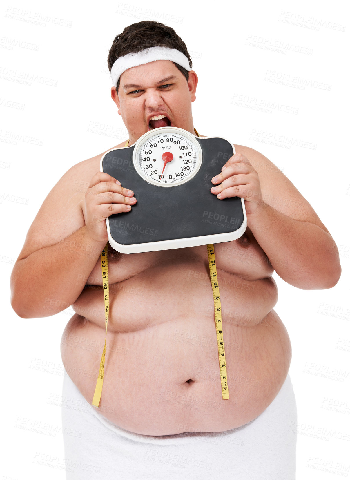 Buy stock photo Overweight, scale bite and man upset with diet progress and weight loss goal in studio. White background, hungry and model with plus size stomach with body problem and health issue with towel 