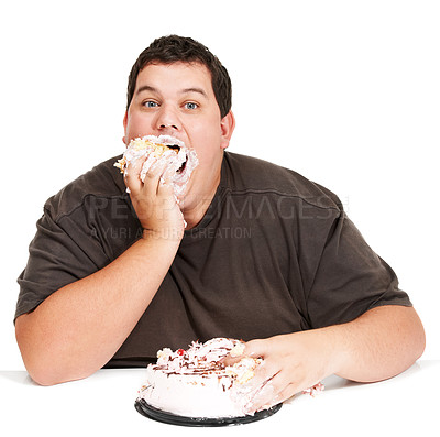 Buy stock photo Cake, obesity and overweight man eating desert or unhealthy diet isolated in a studio white background. Hungry, face and portrait of a person with mouth full with sweets, sugar and calories