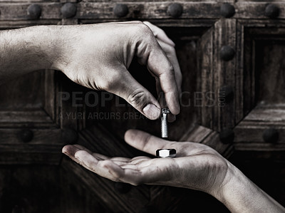 Buy stock photo Helping hand, nut and bolt, teamwork in diy maintenance or home renovation isolated on wood background. Giving, hands of man and woman with nuts, bolts and support, help working together on solution.