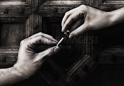Buy stock photo Hands of man with woman, nut and bolt giving for maintenance or home renovation isolated on wood background. Helping hand, nuts and bolts with support, help working together on solution in workshop.