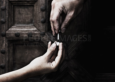 Buy stock photo Helping hand, nut and bolt, support in teamwork for maintenance or home renovation on wood background. Giving, hands of man and woman with nuts, bolts and trust, help working together on solution.