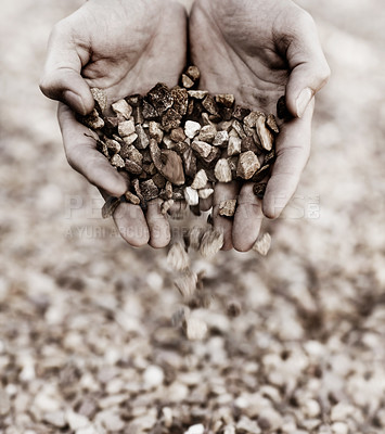 Buy stock photo Earth, ground and hands holding gravel closeup outdoor in nature for adventure or to explore in monochrome. Stones, fingers and scoop with a person lifting dirt outside in a natural environment