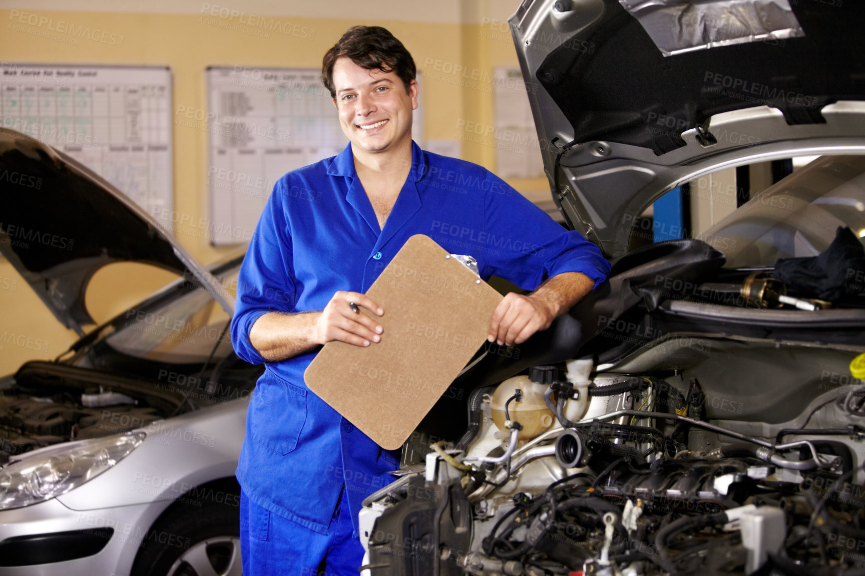 Buy stock photo Portrait, happy man and mechanic with checklist on engine of car, repair or maintenance. Smile, technician and person with clipboard on motor hood, auto service and workshop, garage or small business