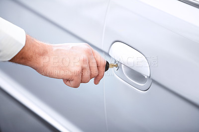 Buy stock photo Closeup, hand and keys to a car for opening a door, travel or transportation. Zoom, salesman and a person at transport, vehicle or a rental for. commute, trip or journey in the morning in town