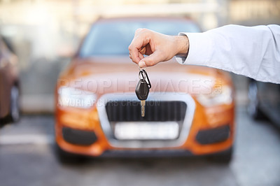 Buy stock photo Car, outdoor and businessman with key in hand for sale of auto, transportation and investment. Vehicle, dealership or man with keys in parking lot from salesman for test drive, opportunity or driving