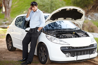 Buy stock photo Car breakdown, phone call and business man in conversation for help, service or travel. Smartphone, roadside assistance and serious person with engine fail, transport insurance and emergency support