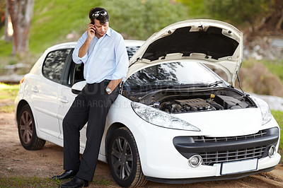 Buy stock photo Car, phone call for help and business man talk, service and travel outdoor. Smartphone, roadside assistance and serious person with engine fail or breakdown, transport insurance or emergency support