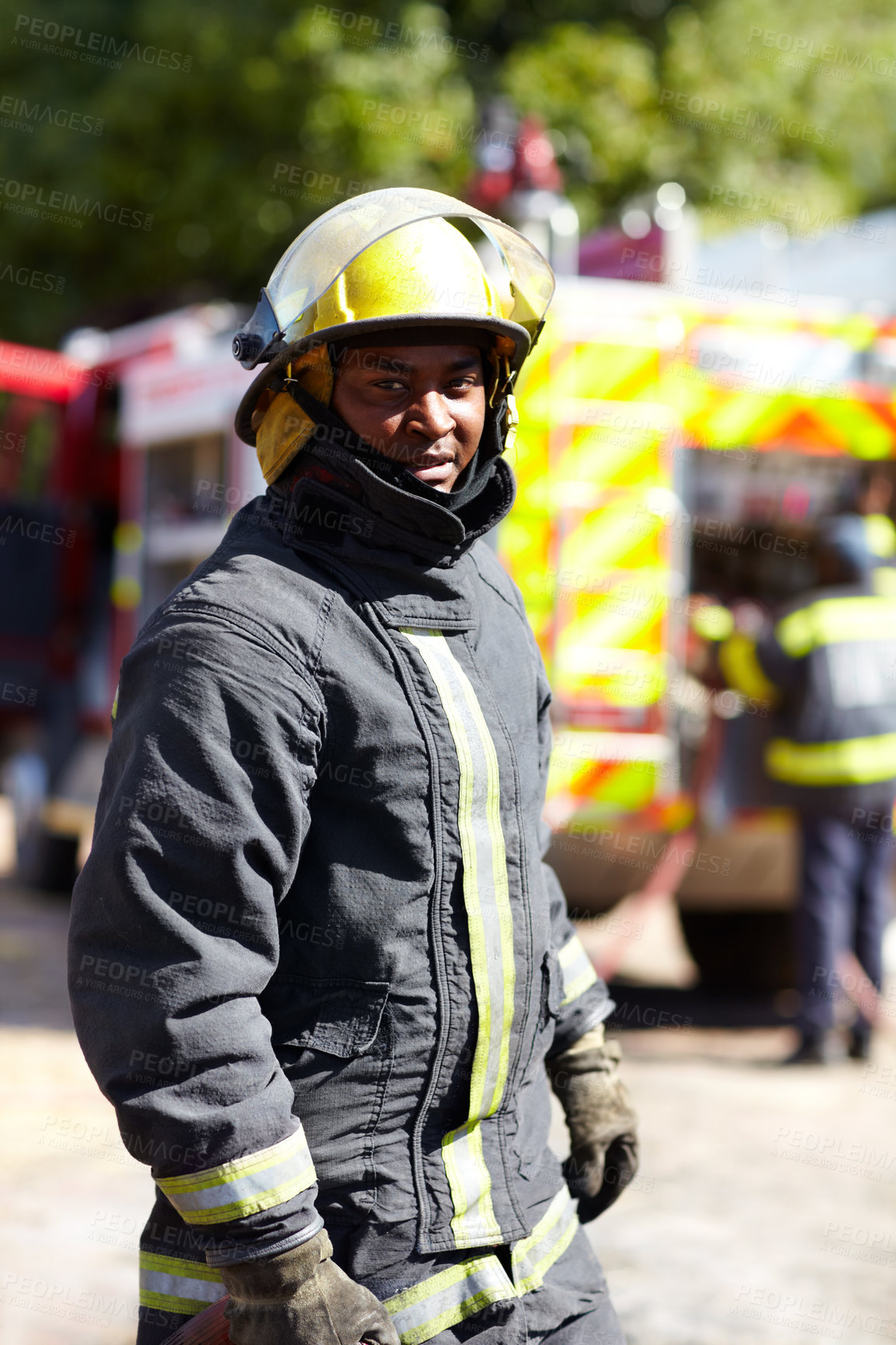 Buy stock photo Safety, hero and portrait of a black man as a firefighter for service, fire emergency and working. Job, professional and an African fireman in a uniform for security, rescue and fearless career