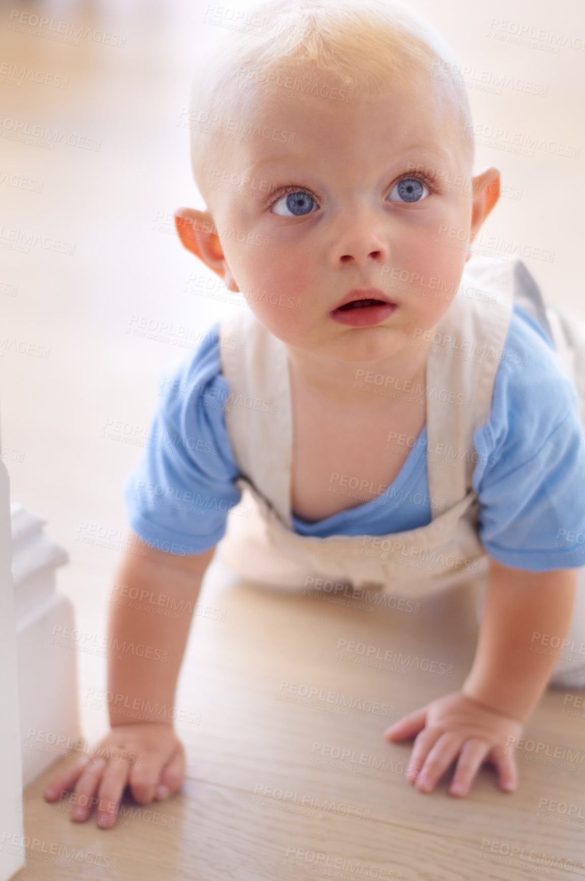 Buy stock photo Baby, face and toddler in home on floor learning to crawl with hands for child development. Relax, cute kid or healthy young boy on ground for motor skills, growth or balance in house living room 