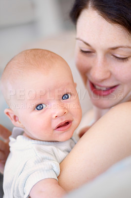 Buy stock photo Happy, care and portrait of a mother with a baby for bonding, love and happiness. Smile, caring and a mom holding and embracing a newborn child for childcare, motherhood and parenting in a house