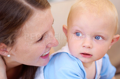 Buy stock photo Love, mother and baby bonding, happy and support with family, hug and happiness with joy, nurture and security. Mama, mom and infant with female parent, kid and child development with safety and care