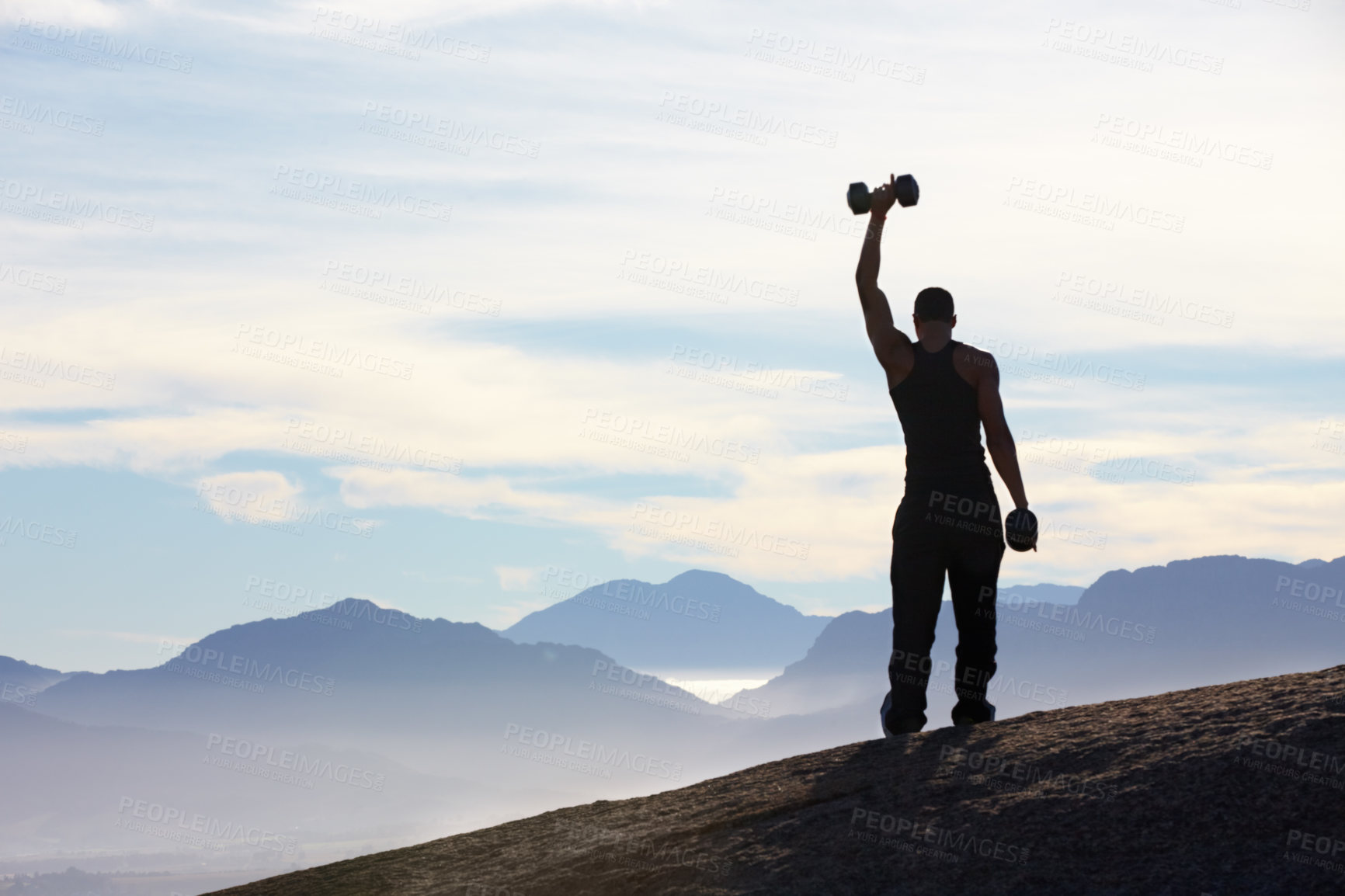Buy stock photo Back, mountain and man with fitness, silhouette and exercise with fresh air, training and cardio. Male person, guy and athlete outdoor, endurance or performance with workout goal, progress or victory