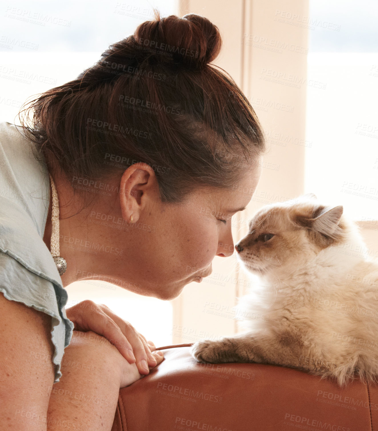 Buy stock photo Woman, kiss and love cat in home, living room or apartment with happiness and healthy animal. Pet, care and person together with kitten on sofa in house for friendship, companion and bonding time