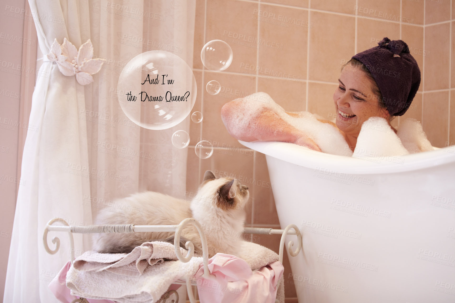 Buy stock photo A woman sitting in a bathtub looking lovingly at her cat which has a speech bubble over its head
