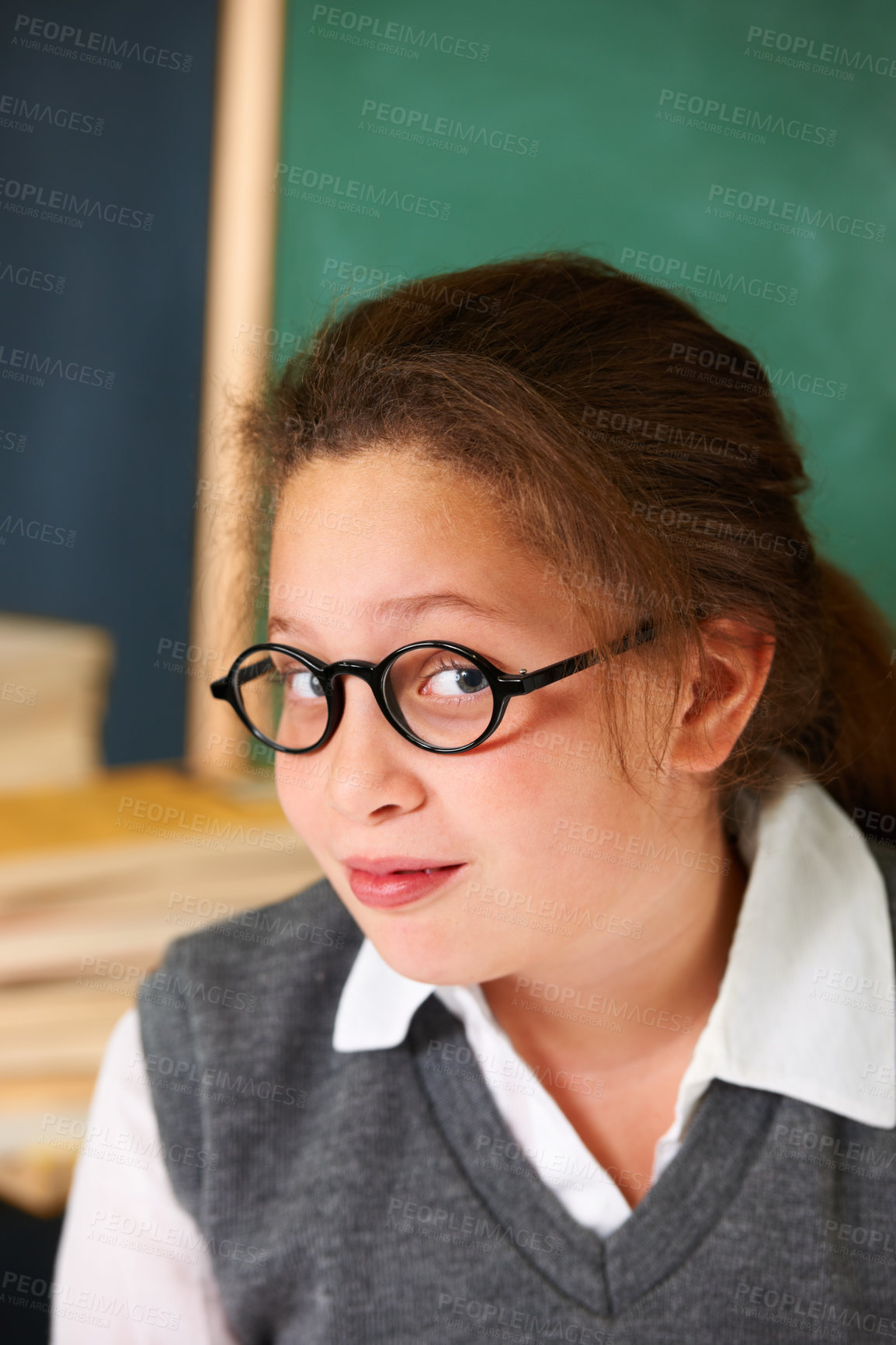 Buy stock photo Smile, glasses and portrait of child student in classroom with positive, good and confident attitude. Spectacles, happy and young girl kid at school for education education, learning or knowledge.