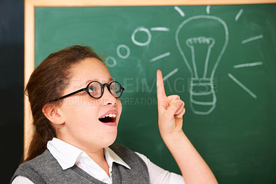 Buy stock photo Girl, thinking and light bulb on chalkboard for solution, ideas and wow with education, learning and classroom knowledge. Child, student or school kid with vision, inspiration and lightbulb doodle