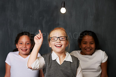 Buy stock photo Light bulb, smile and children with idea, solution or thinking facial expression by a black background. Happy, excited and portrait of group of kid girl friends with plan, decision or choice together