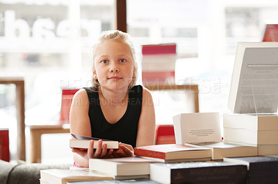 Buy stock photo Girl child in portrait, book and education, story for knowledge or entertainment with customer in bookshop. Library, store and learn for development and growth, fiction or literature with young kid