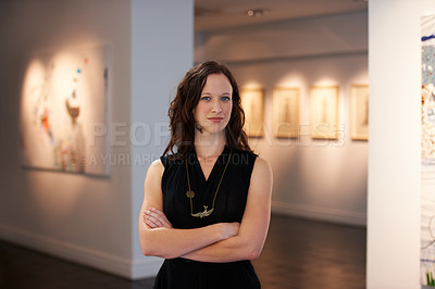 Buy stock photo Expert, arms crossed and portrait of a woman at an art gallery for an exhibition. Creative, culture and a museum manager with management of paintings, collection and curator of pictures at a studio