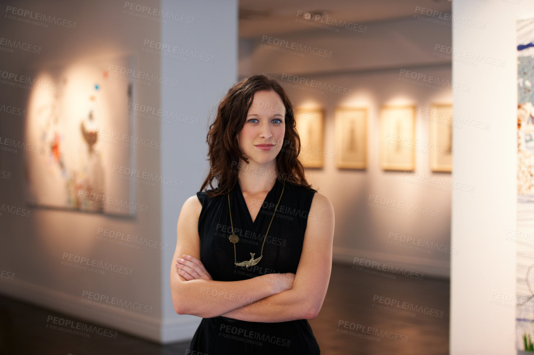 Buy stock photo Expert, arms crossed and portrait of a woman at an art gallery for an exhibition. Creative, culture and a museum manager with management of paintings, collection and curator of pictures at a studio