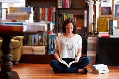 Buy stock photo Woman, reading and floor in bookshop, library or relax for thinking for knowledge, information or literature. Girl, books and ideas for learning, education or studying on steps with research in store