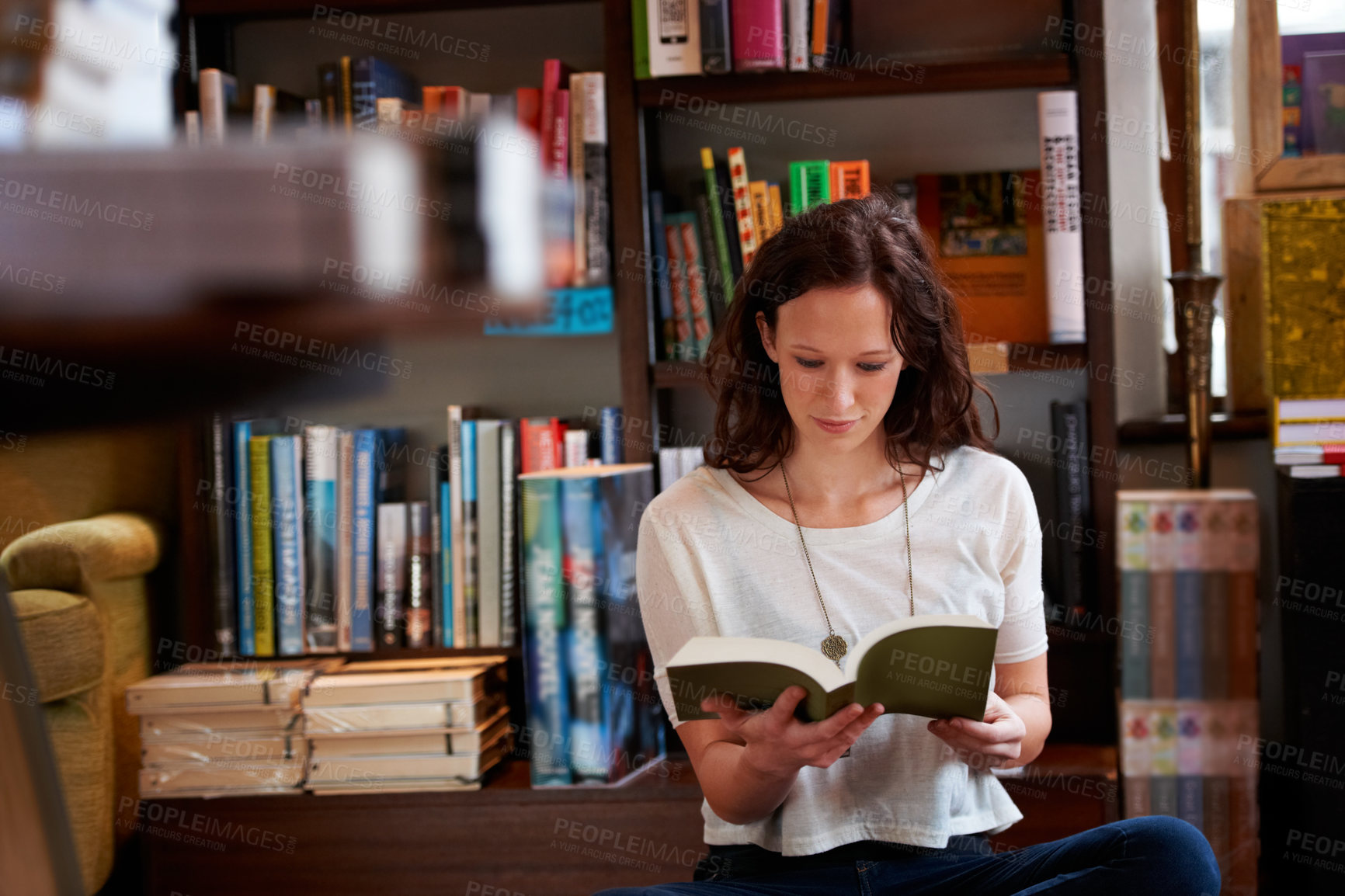 Buy stock photo Woman, reading and floor in bookstore, library or relax for thinking for knowledge, information or literature. Girl, books and ideas for learning, education or studying on steps with research in shop