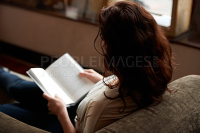 Buy stock photo Reading, books and woman on sofa to relax in bookstore, library or shop for research, learning and study. Literature, knowledge and person with book for education, information and studying for hobby