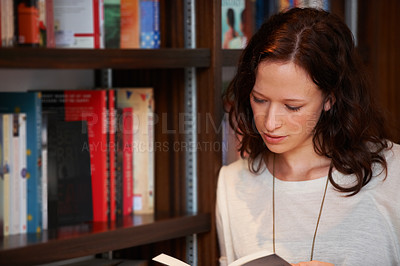 Buy stock photo Reading, bookshelf and woman in bookstore, library or shop for research, learning and relax. Studying, customer and person with book for education, literature information and knowledge for hobby