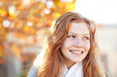 Buy stock photo Woman, autumn and nature at park with smile and happy from travel, vacation and colorful leaves. Holiday, outdoor and calm female person in New York with freedom and adventure by a tree in a garden 