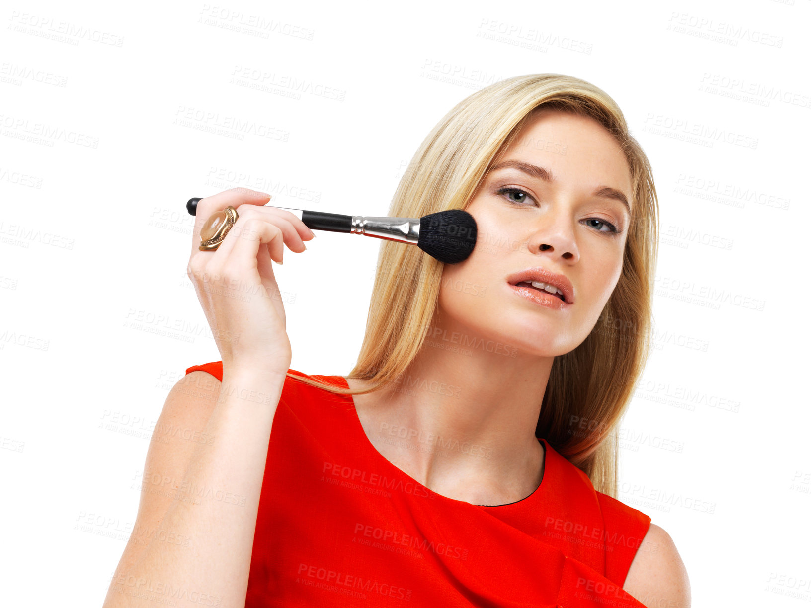 Buy stock photo Makeup, portrait and woman in studio with brush application, tools and facial cosmetics. Fashion, beauty product and face of girl with color glow on cheek, self care and isolated on white background.