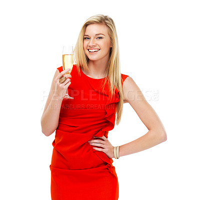 Buy stock photo Portrait, champagne and toast with a woman in a red dress isolated on white background at an event, party or gala. Smile, success and glass of alcohol with a happy young person celebrating in studio