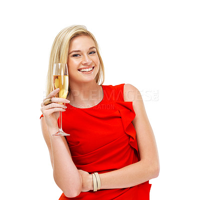 Buy stock photo Portrait of a gorgeous young woman holding a glass of champagne