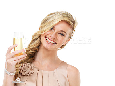 Buy stock photo Portrait, champagne and toast with a classy woman isolated on a white background in studio for celebration. Smile, success and alcohol with a happy young person holding a glass at an elegant event