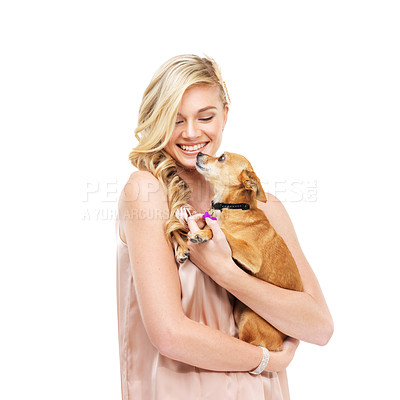 Buy stock photo A gorgeous young blonde woman holding a dog