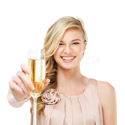 Buy stock photo Portrait, champagne and toast with an excited woman isolated on a white background in studio for celebration. Party, success and alcohol with a happy young person holding a glass at a fashion event