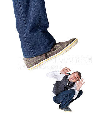 Buy stock photo Isolated foot, squash and scared man with screaming, anxiety and problem by white background. Giant shoes, businessman and mental health with fear, shouting and stop hand gesture by studio backdrop