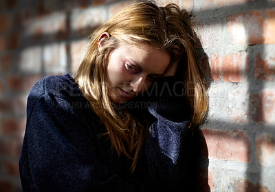 Buy stock photo Woman, abuse and scared with pain, hiding or fear with hands, afraid or conflict. Toxic relationship, shame or home for physical assault, problem or domestic violence with terror, anxiety or pain
