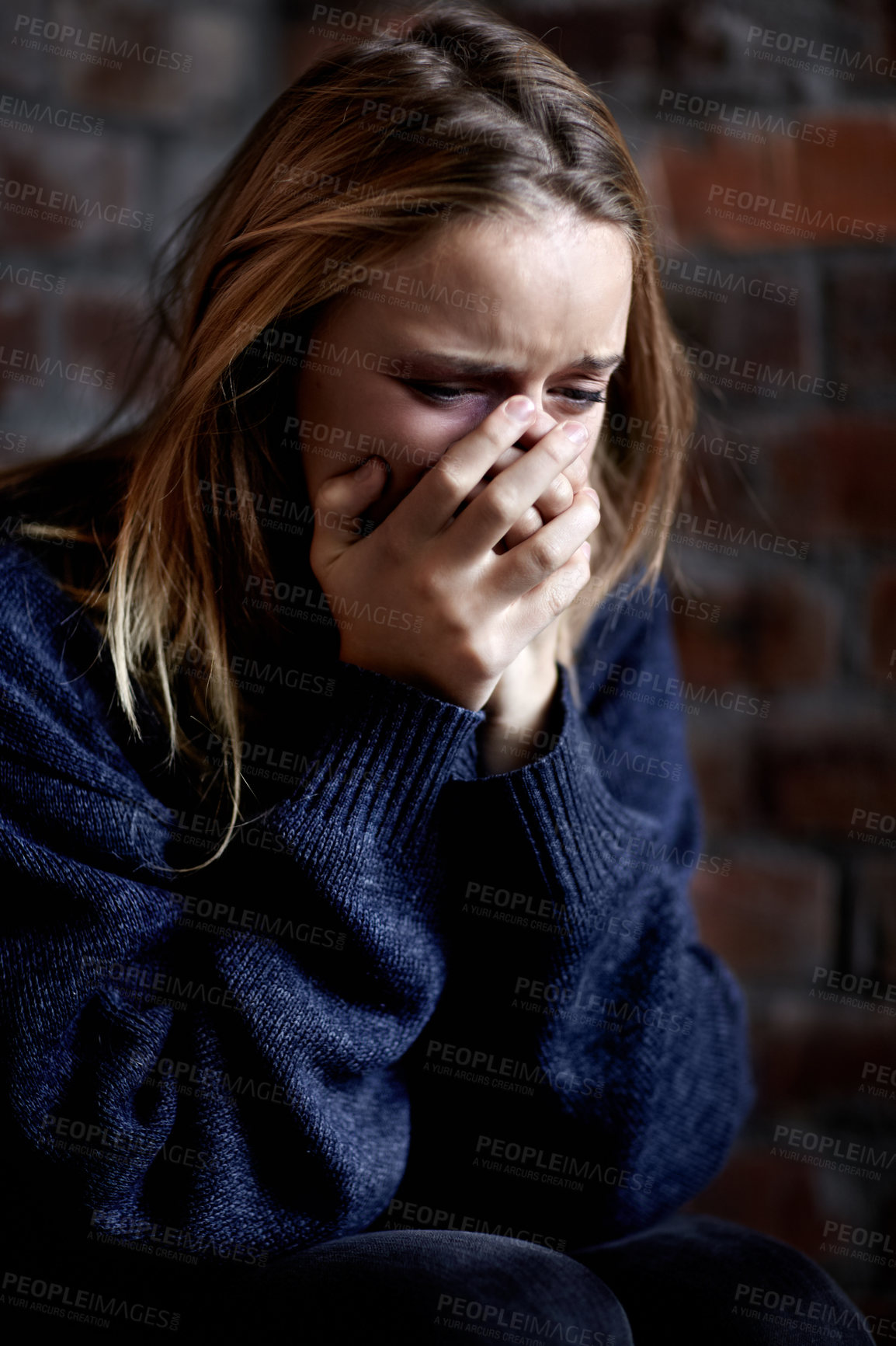 Buy stock photo Woman, abuse and crying with hands, scared and alone with fear, hiding and afraid. Toxic relationship, shame or home for physical assault, problem or domestic violence with terror, anxiety or pain
