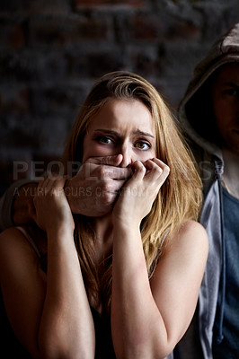 Buy stock photo Woman, abuse and silence with hands, terror and partner with fear, afraid and victim. Relationship, harassment or home for physical assault, problem or domestic violence with anxiety, scared or pain

