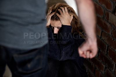 Buy stock photo Man, woman and abuse with fist, scared or hiding from partner, fear and angry with hands, conflict or terror. Toxic relationship, harassment or home for physical assault, problem or domestic violence