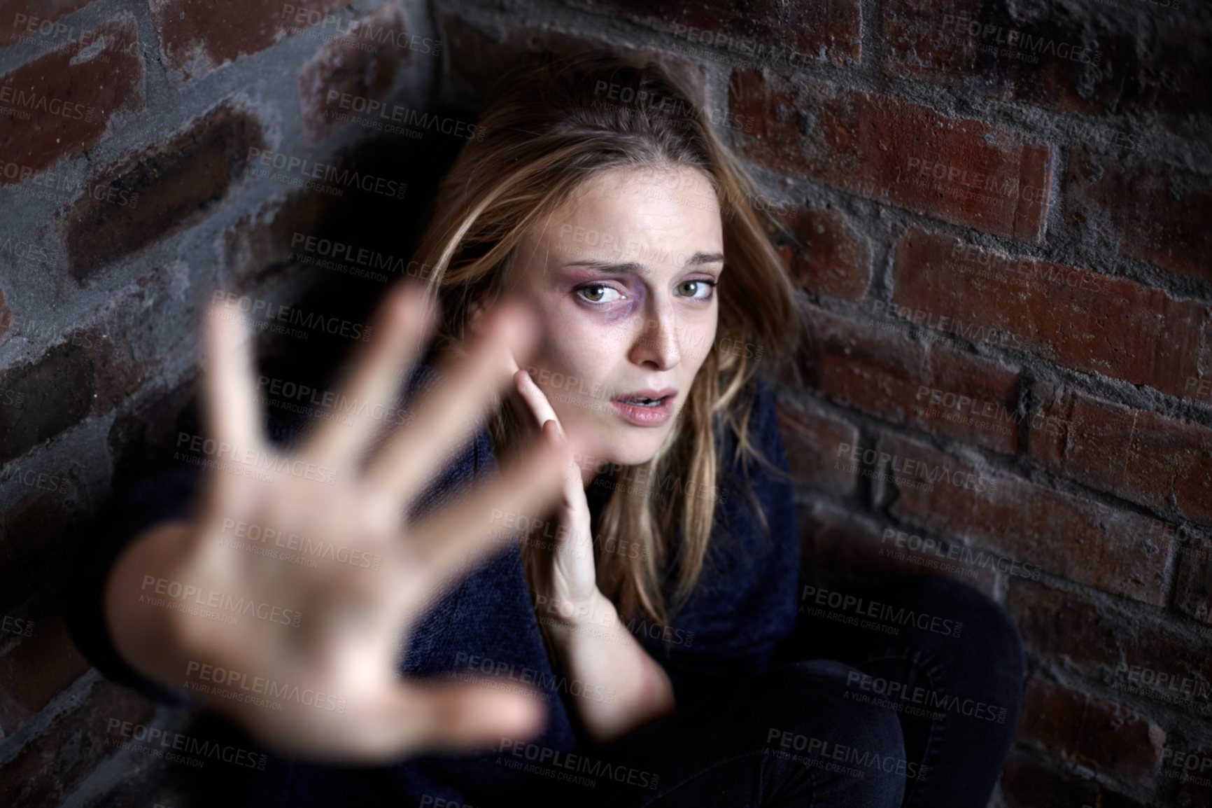 Buy stock photo Portrait, abuse and woman with stop, scared and fear in a corner, warning and domestic violence with terror. Face, person or girl with gesture, gender equality or victim with anxiety, stress or crime