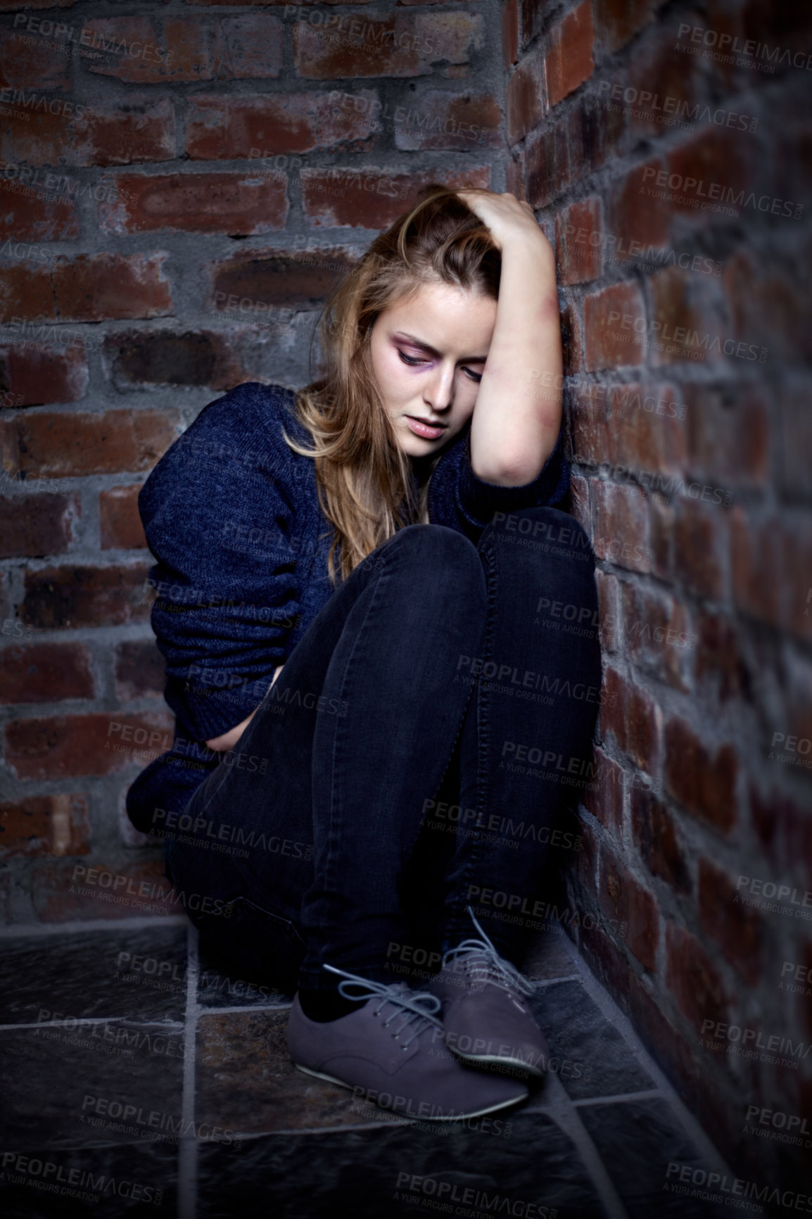 Buy stock photo Abuse, scared and woman on the floor, fear and domestic violence with addiction, crisis and depression. Person, girl and victim on the ground, anxiety and stress with horror, conflict and burnout